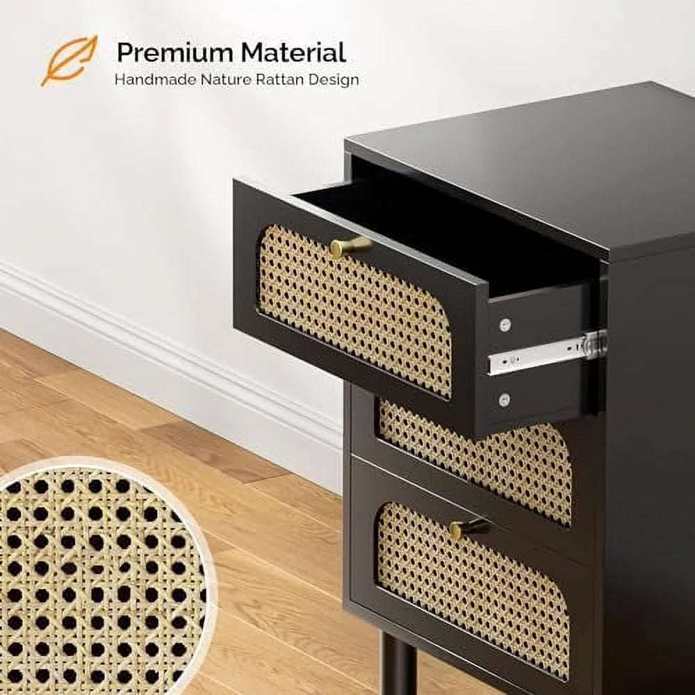 Black Rattan Nightstand Set of 2 with Charging Station 3 Drawers P385