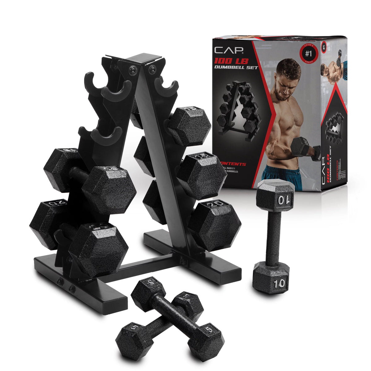 100 lb Cast Iron Hex Dumbbell Weight Set with Rack V96536