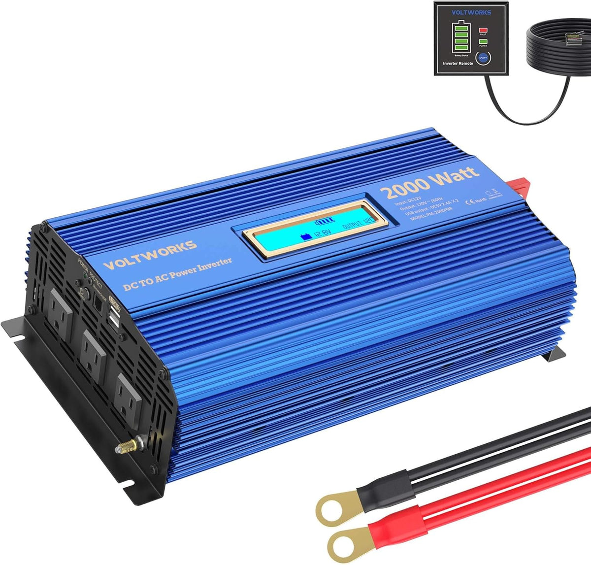 2000W DC 12V to AC 120V Modified Sine Wave Inverter with LCD Display Remote Control 3 AC Outlets Dual 2.4A USB Ports K5252
