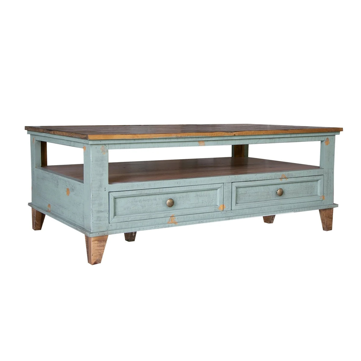 50 Inch 4 Drawers Teal Blue Pine Wood Coffee Table L56615