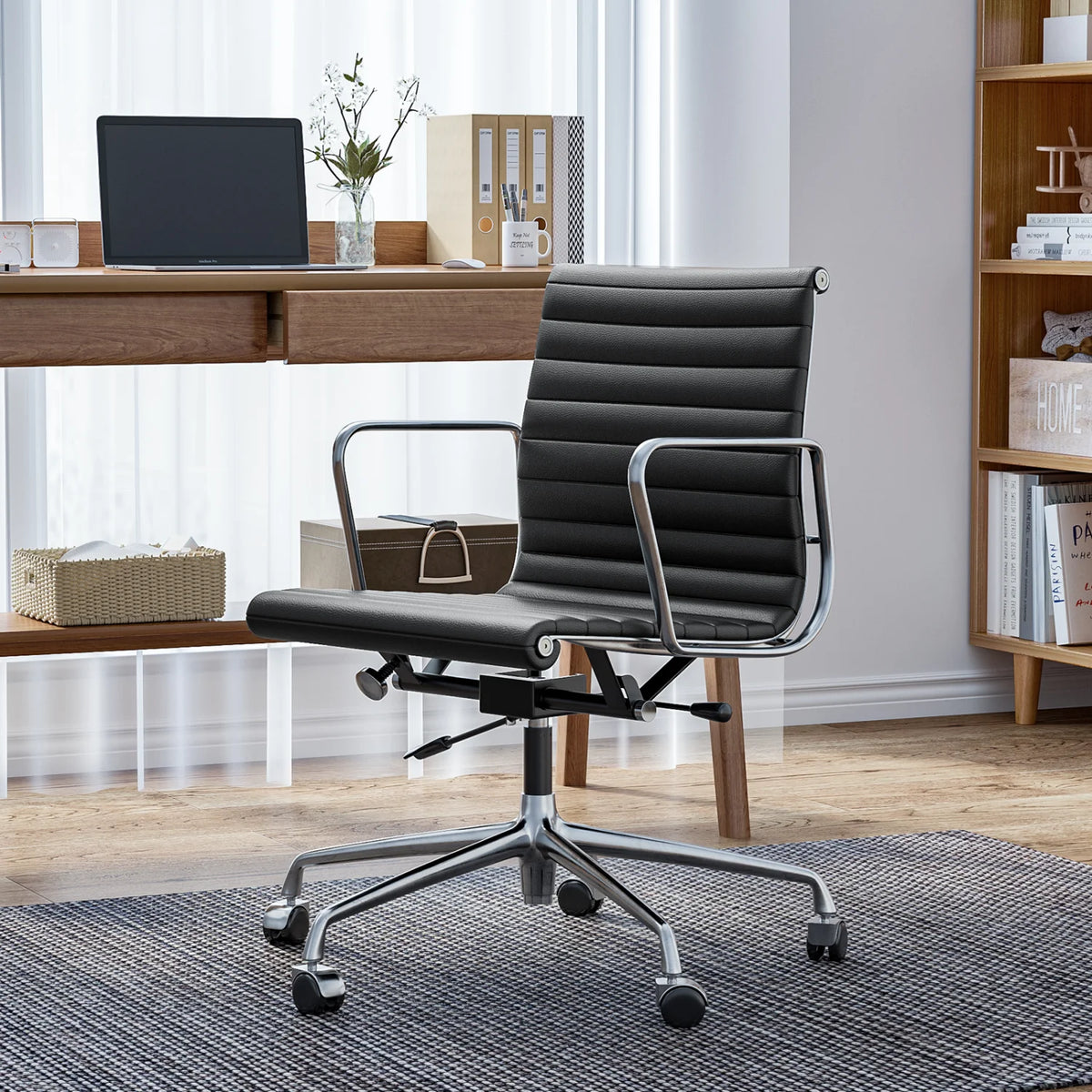 Ribbed Genuine Leather Black Office Chair X97152