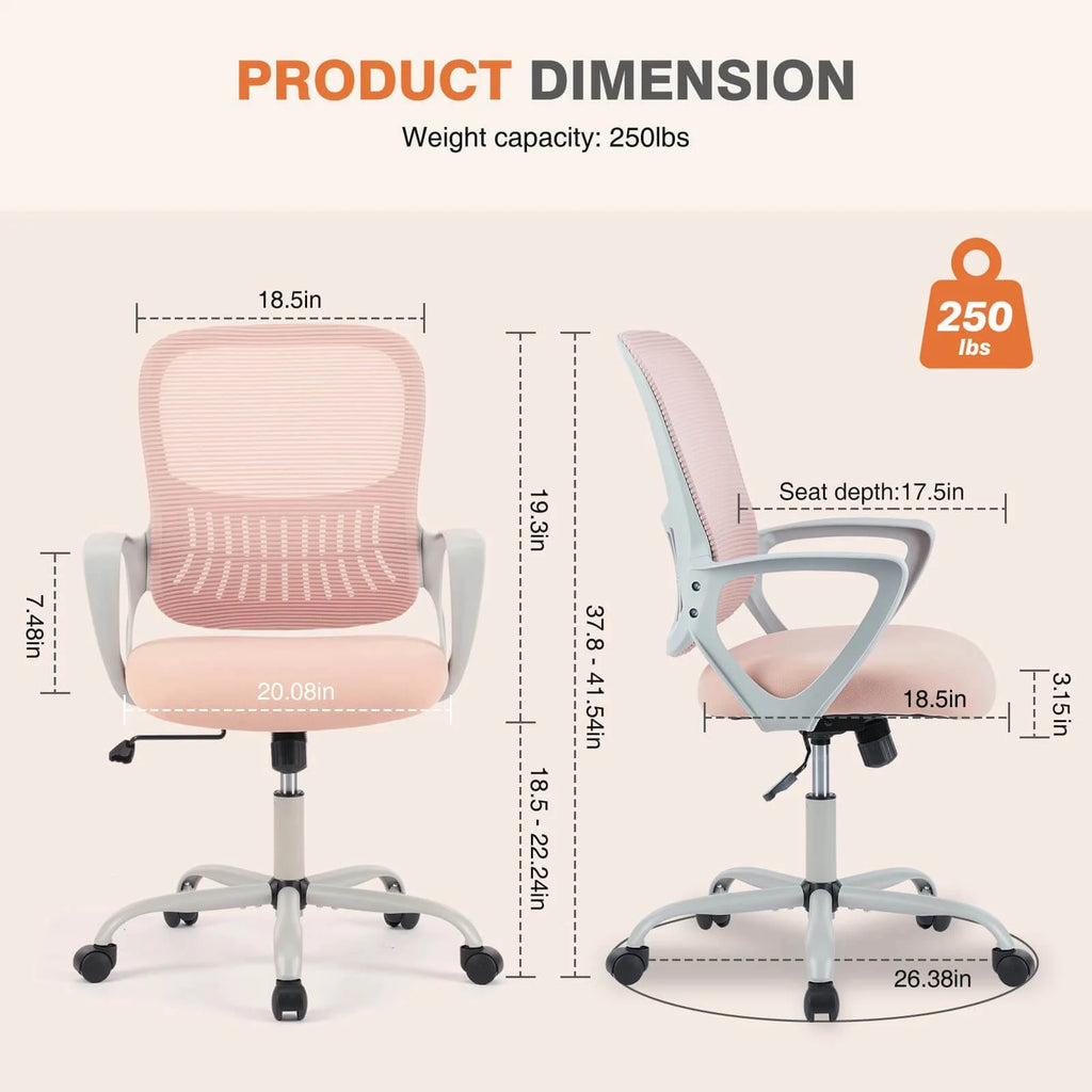Pink Ergonomic Mesh Office Chair with Lumbar Support and Arms N126