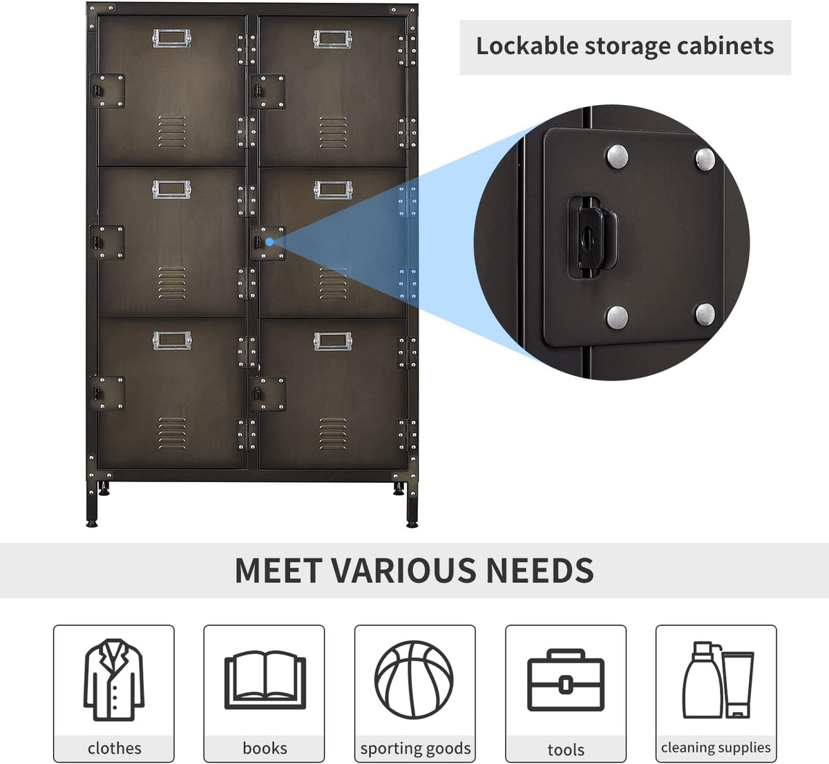 Metal Locker Storage Cabinet, 47.3” Steel Storage Cabinet with Shelves and 6 Lockable Doors Z661935
