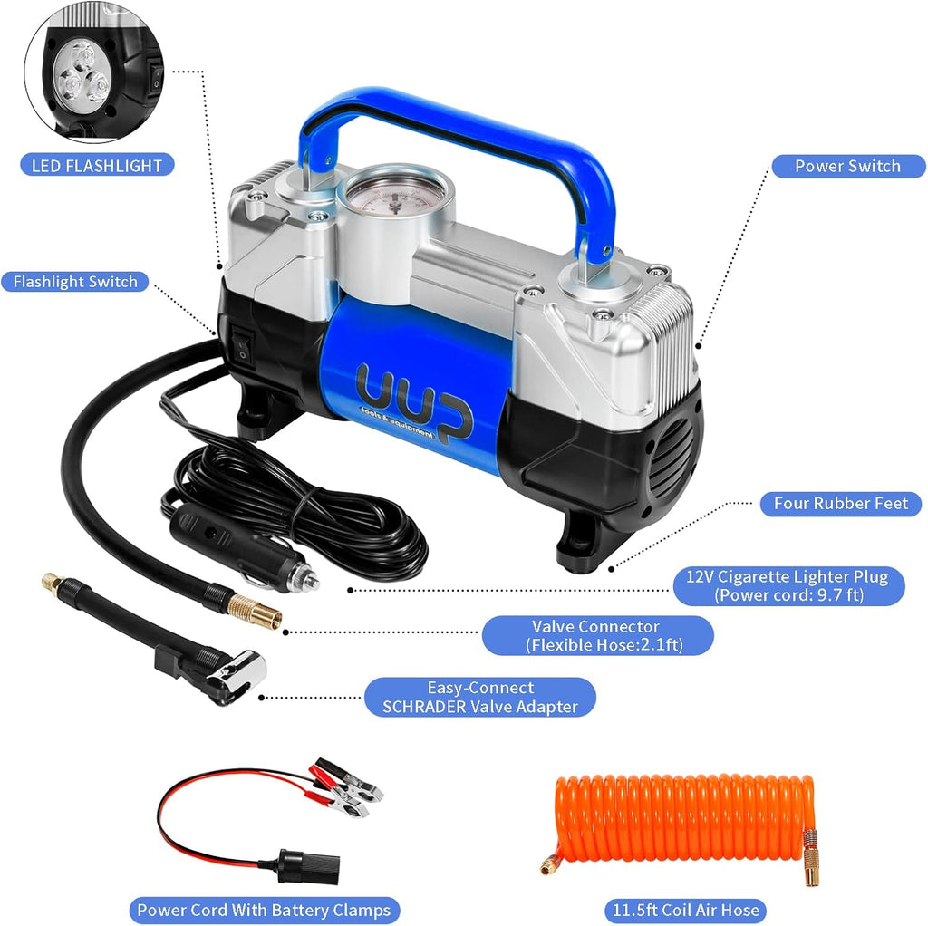 Portable Air Compressor Tire Inflator, Double Cylinders, 12V DC, Metal Air Pump, Pack of 2 K393770