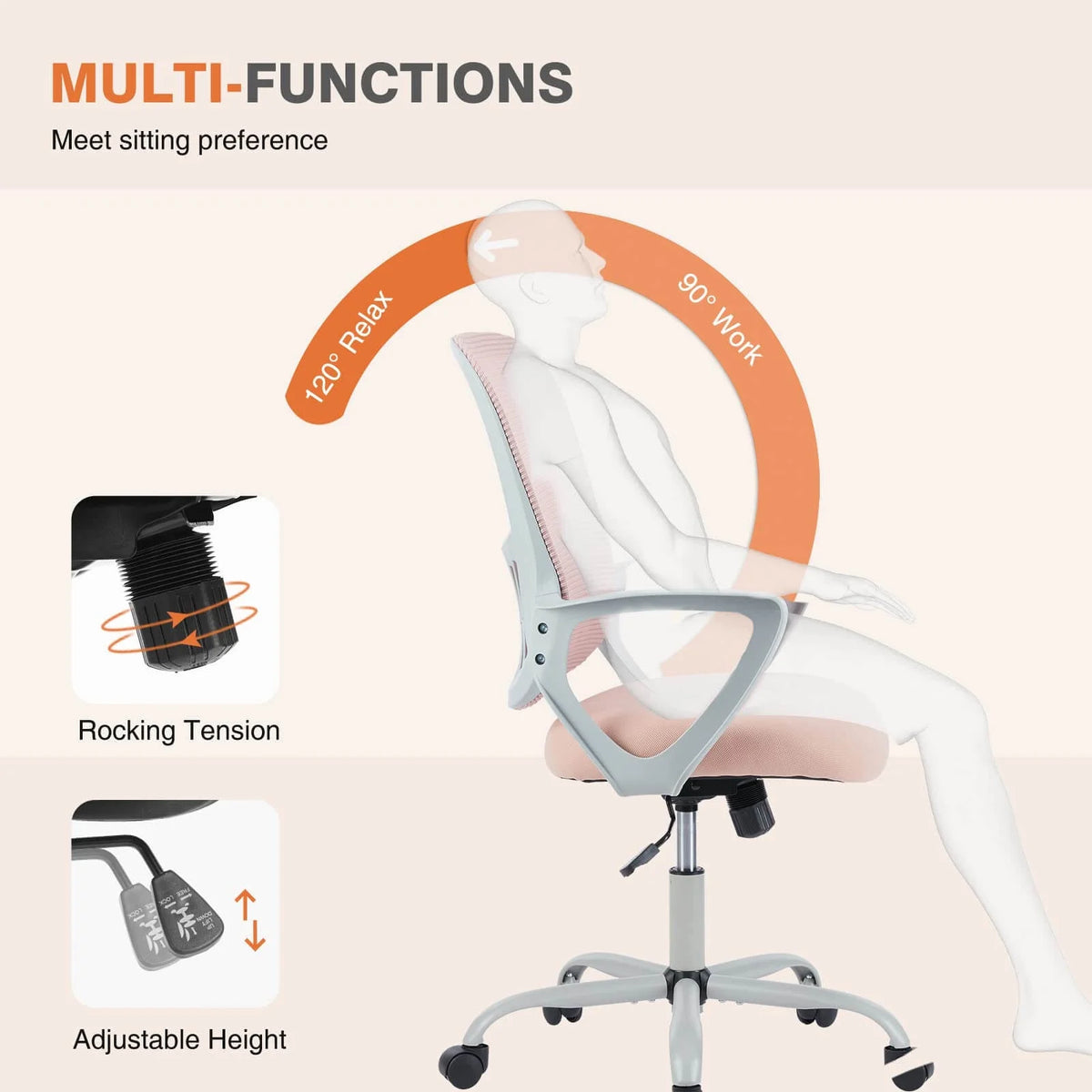 Pink Ergonomic Mesh Office Chair with Lumbar Support and Arms N126