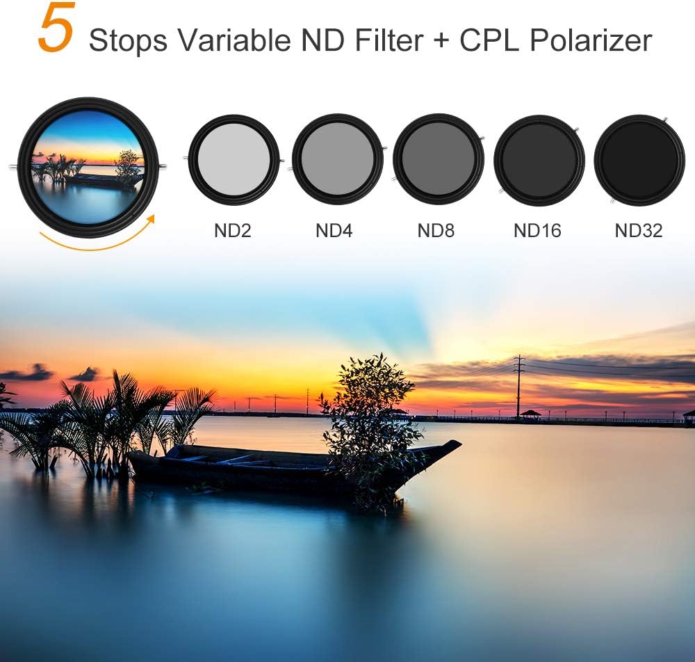 62mm Variable Fader ND2-ND32 ND Filter and CPL Circular Polarizing Filter 2 in 1 Pack of 2 D290