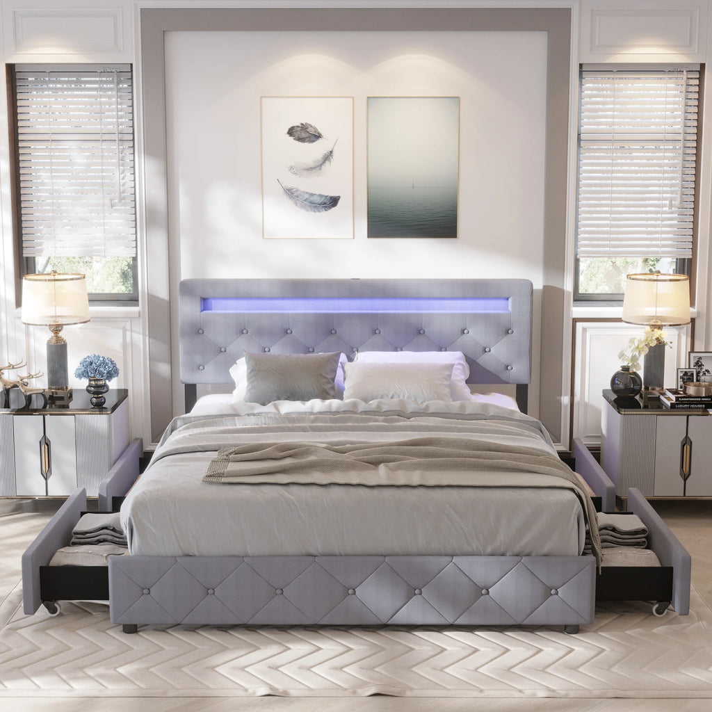 Full Size Upholstered Platform Bed Frame with LED Light Headboard N672