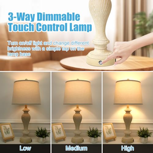Set of 2 White Fabric Shade Table Lamps with 2 USB Ports, 3-Way Dimmable, 7W LED Bulbs S3535