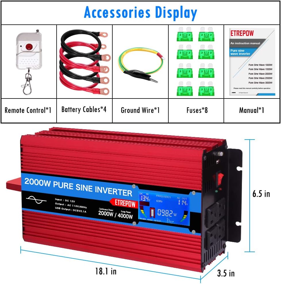 1000 Watt Pure Sine Wave Power Inverter 12V DC to 110V AC K90707