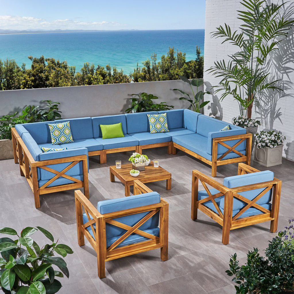 Blue and Brown Outdoor Patio Sectional Sofa with Club Chair Set W16054
