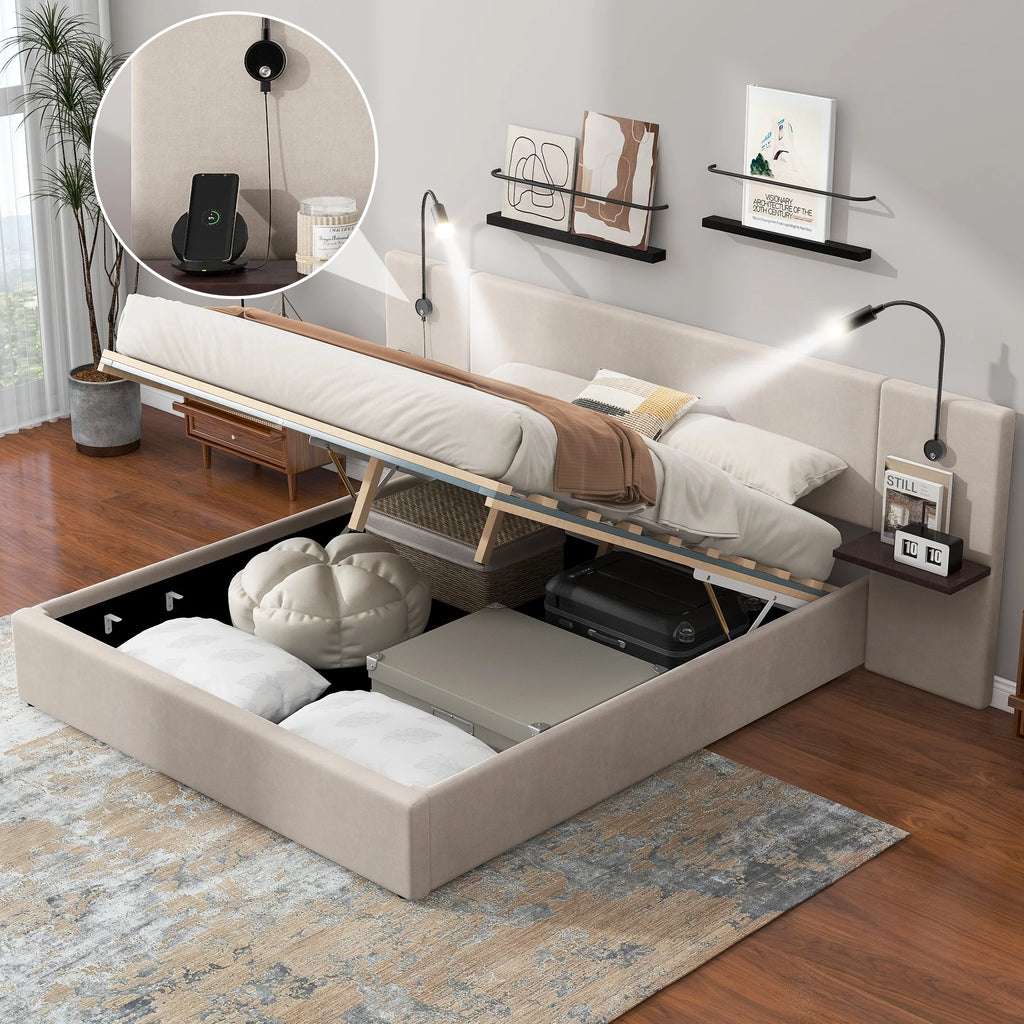 White Upholstered Platform Bed with Lift up Storage and LED Headboard N472174