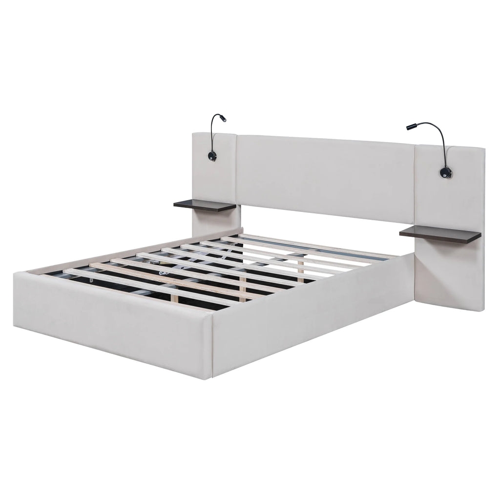 White Upholstered Platform Bed with Lift up Storage and LED Headboard N472174