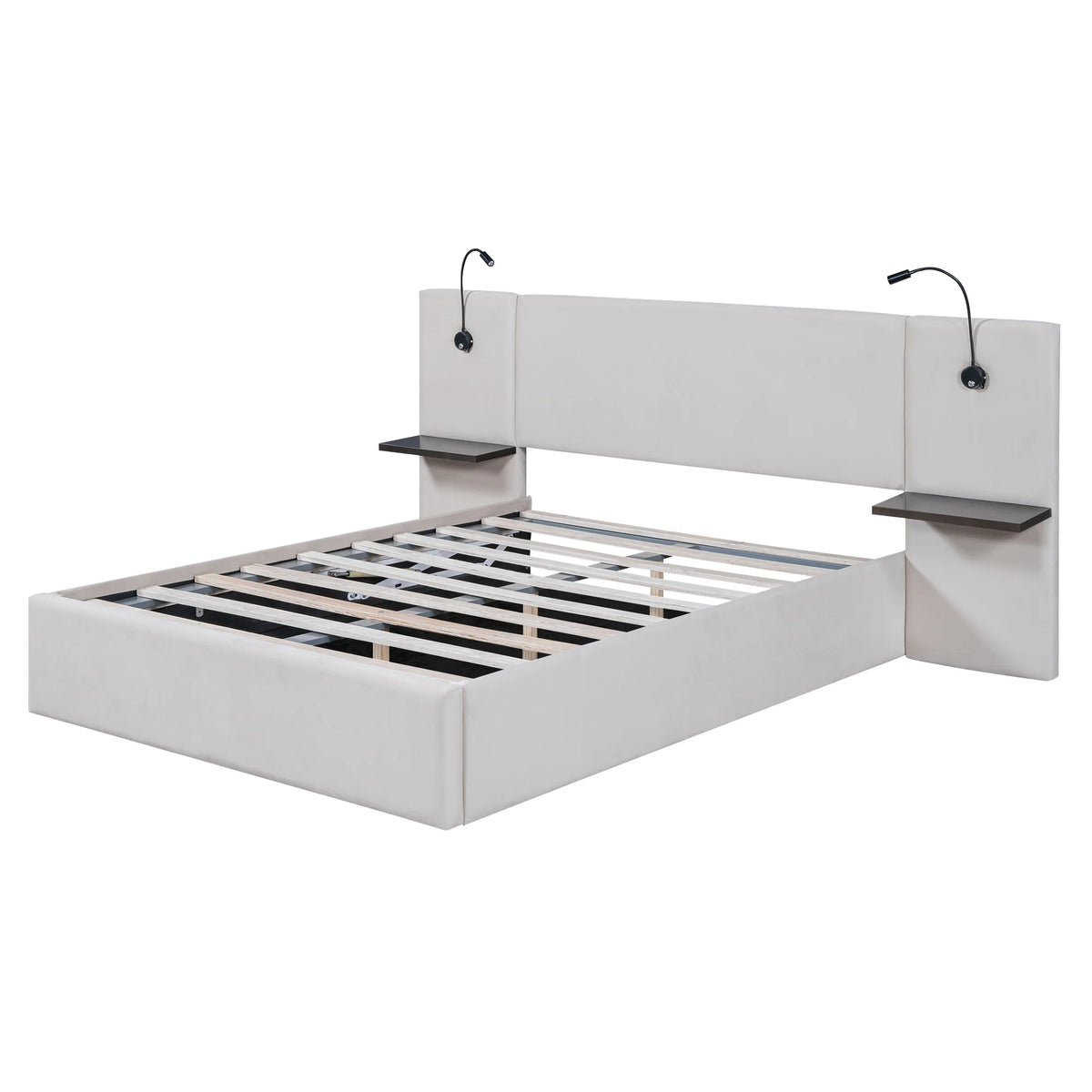 White Upholstered Platform Bed with Lift up Storage and LED Headboard N472174