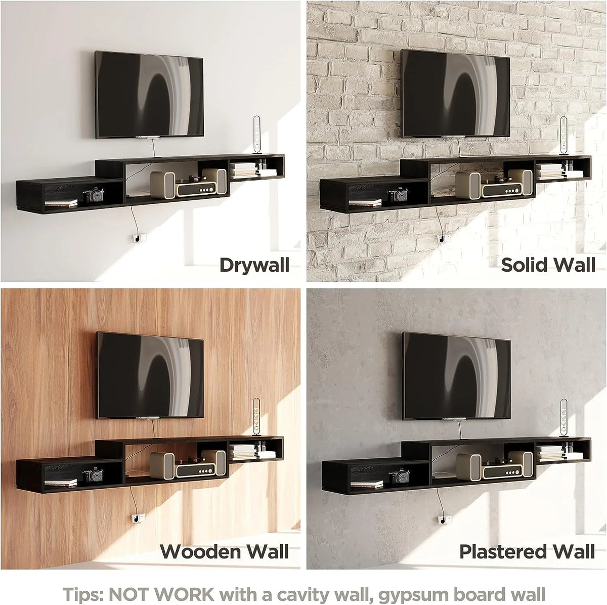 Wall Mounted Floating TV Stand with Power Outlet 59" Black J142887