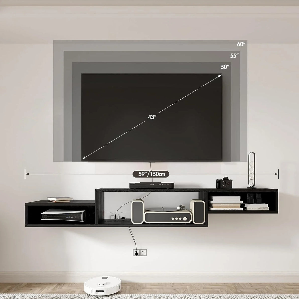 Wall Mounted Floating TV Stand with Power Outlet 59" Black J142887