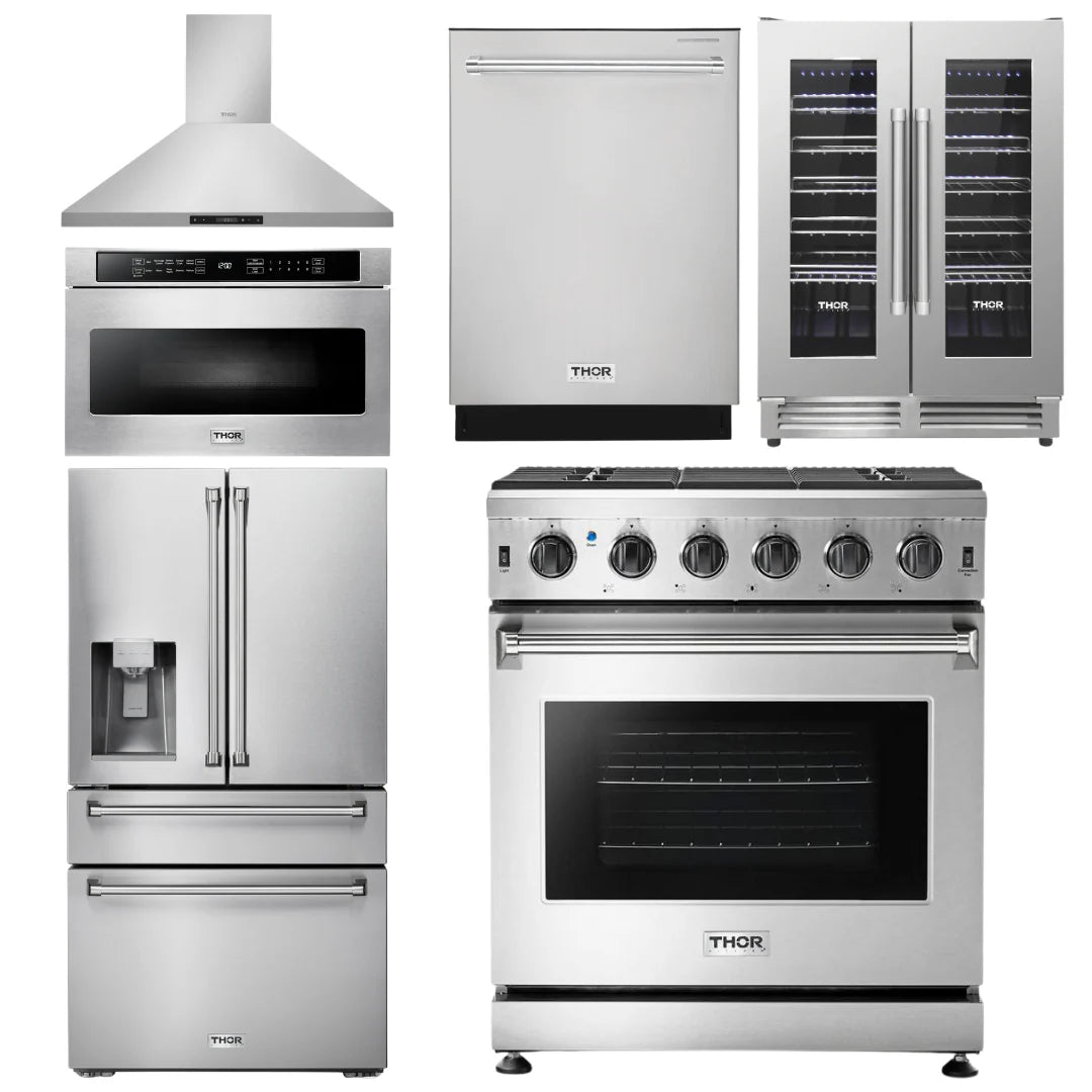 30 Propane Gas Range, Range Hood, Microwave, Refrigerator, Dishwasher, Wine Cooler W6395