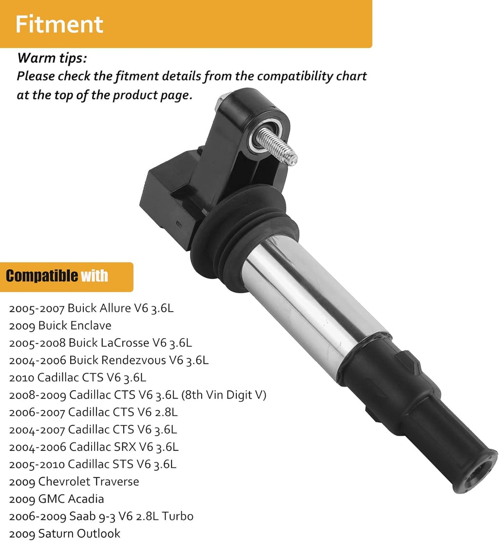 Ignition Coil Pack of 6 Replacement for 3.6L 2004-2009 Cadillac CTS SRX STS, Saab 9-3, Buick Allure LaCrosse Rendezvous, Saturn Outlook Traverse Acadia H68763