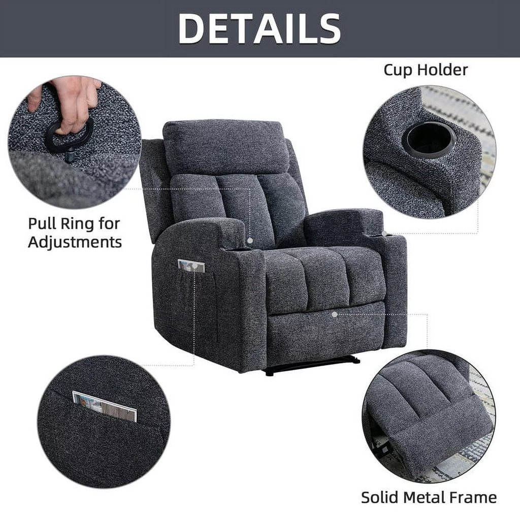 Manual Massage Recliner Chair with Heat, Side Pockets and Cup Holders, Overstuffed Breathable Fabric Reclining Chair, Single Sofa Y296637