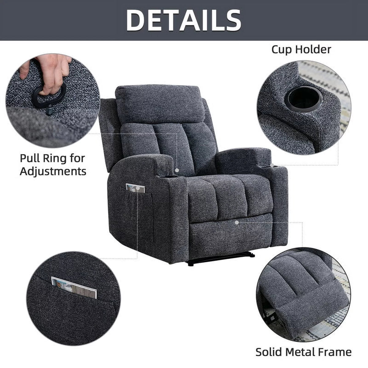 Manual Massage Recliner Chair with Heat, Side Pockets and Cup Holders, Overstuffed Breathable Fabric Reclining Chair, Single Sofa Y296637