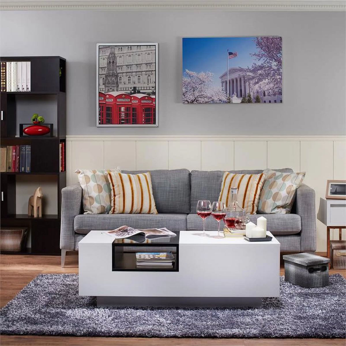 Modern Wood Storage Coffee Table in White and Black Q105