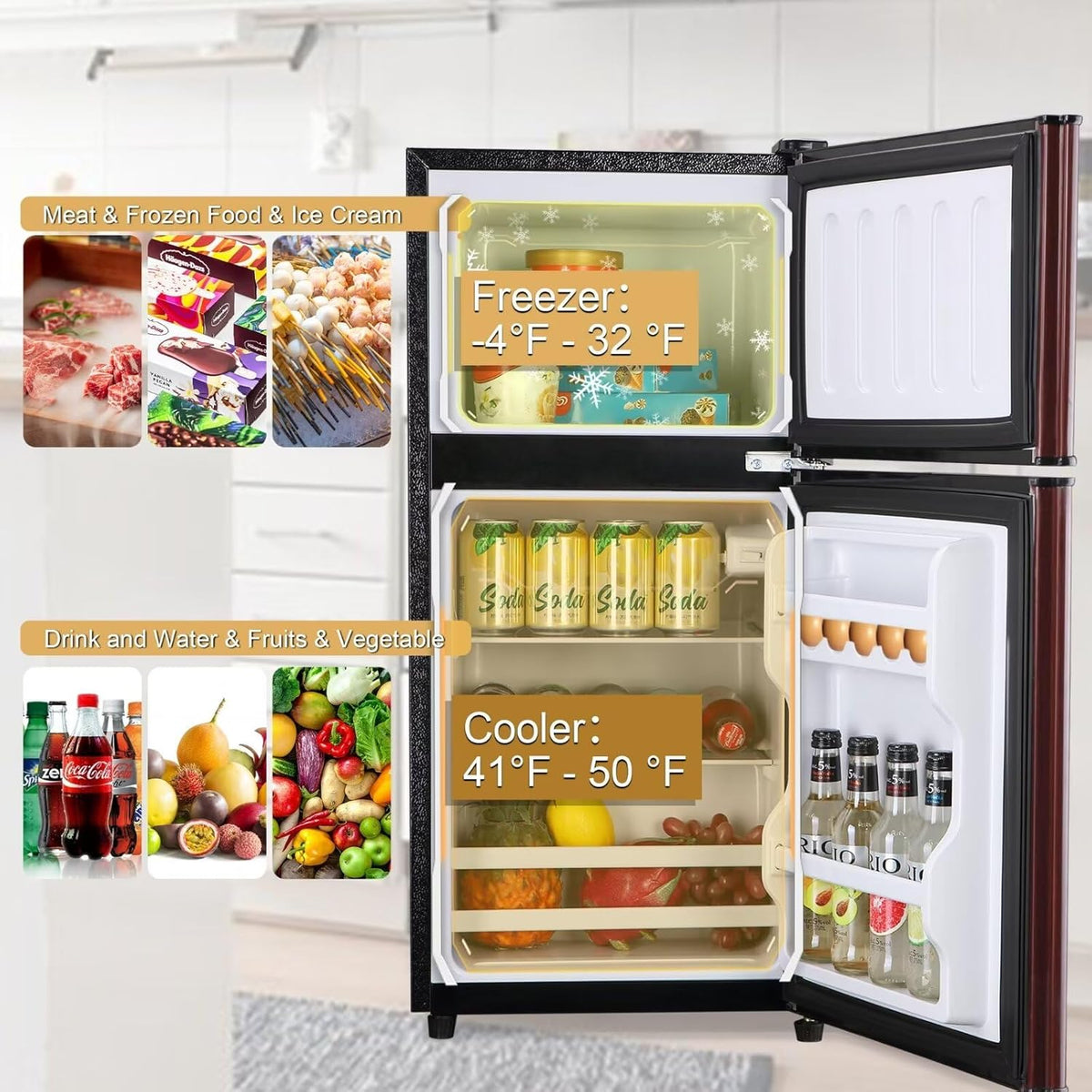 Compact Refrigerator, 3.5 Cu.Ft Double Door Fridge with 7 Level Adjustable Thermostat Y4336