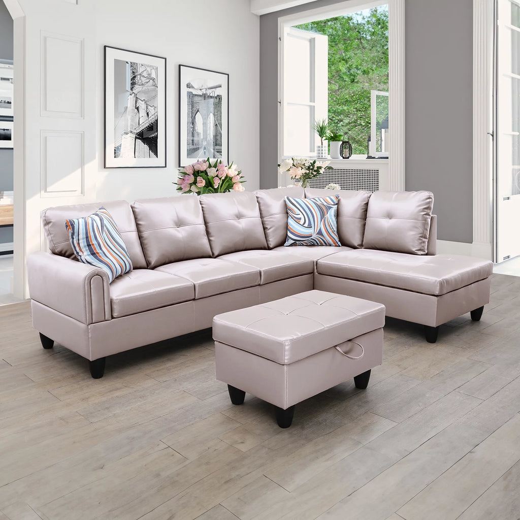 Faux Leather 3 Pieces Right Facing Sofa Set With Ottoman E996081