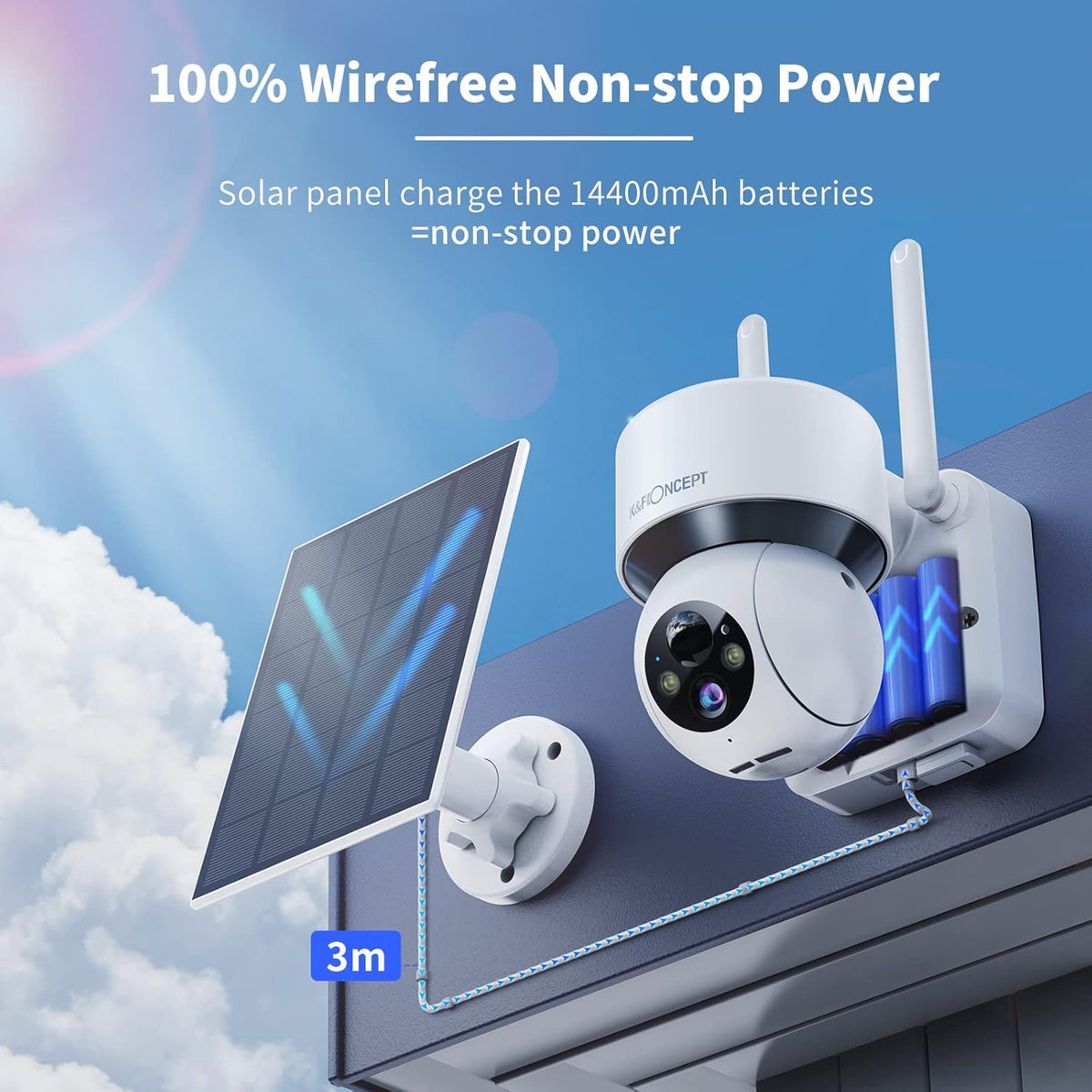 Solar Security Camera Outdoor, 360° PTZ Wireless, 1080P Battery Operated, Color Night Vision, PIR Motion Detection, 2 Way Audio, IP65 Y473