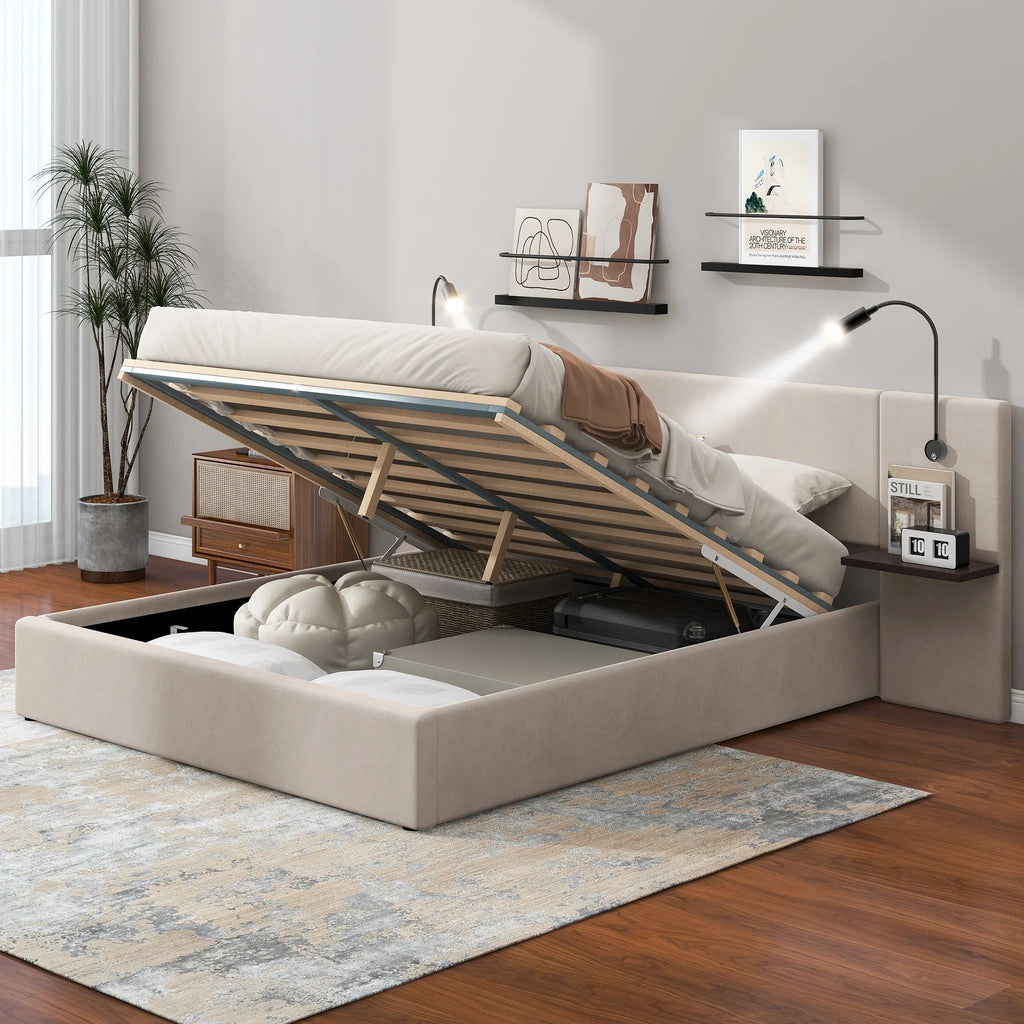 White Upholstered Platform Bed with Lift up Storage and LED Headboard N472174