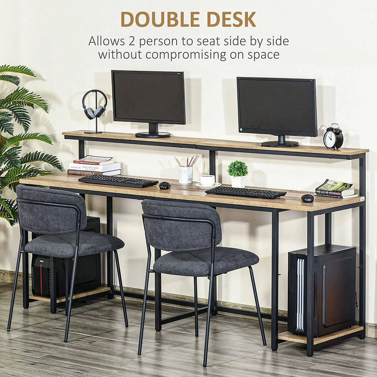Brown Double Computer Desk with Monitor and CPU Stand R70374