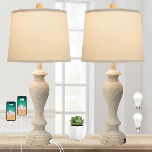 Set of 2 White Fabric Shade Table Lamps with 2 USB Ports, 3-Way Dimmable, 7W LED Bulbs S3535