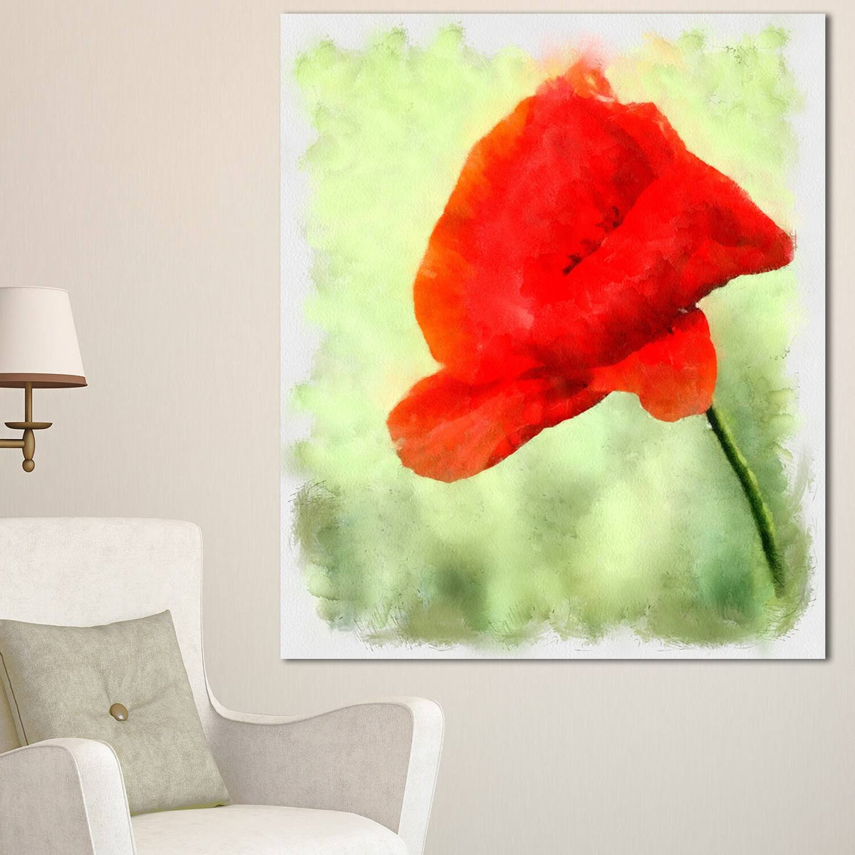 Big Red Poppy Flower Watercolor Painting Print on Wrapped Canvas I54899