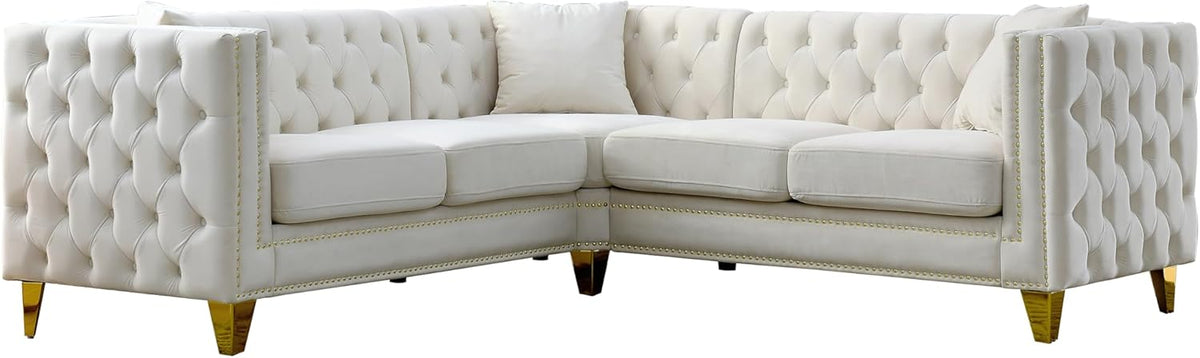 Beige Velvet L-Shaped Corner Sofa 5-Seater with 3 Cushions E99292
