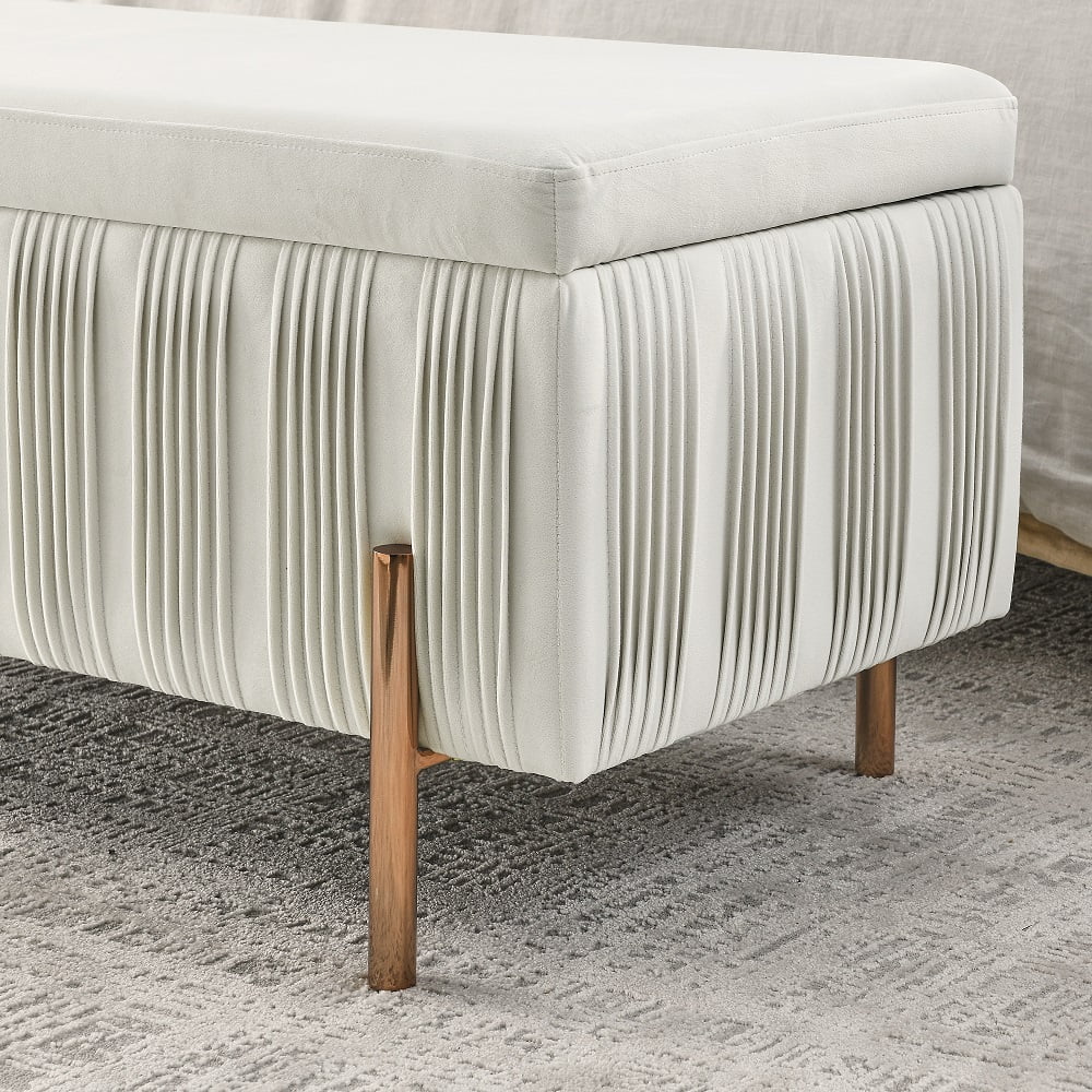 Beige Velvet Storage Bench with Cedar Wood Veneer L814077