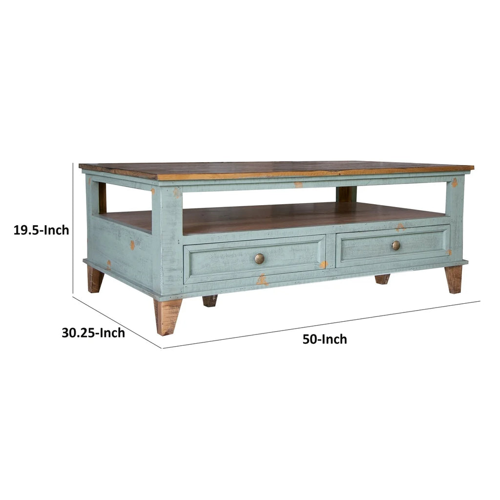 50 Inch 4 Drawers Teal Blue Pine Wood Coffee Table L56615