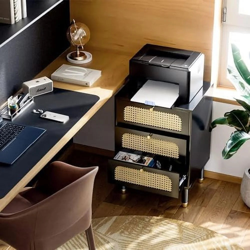 Black Rattan Nightstand Set of 2 with Charging Station 3 Drawers P385