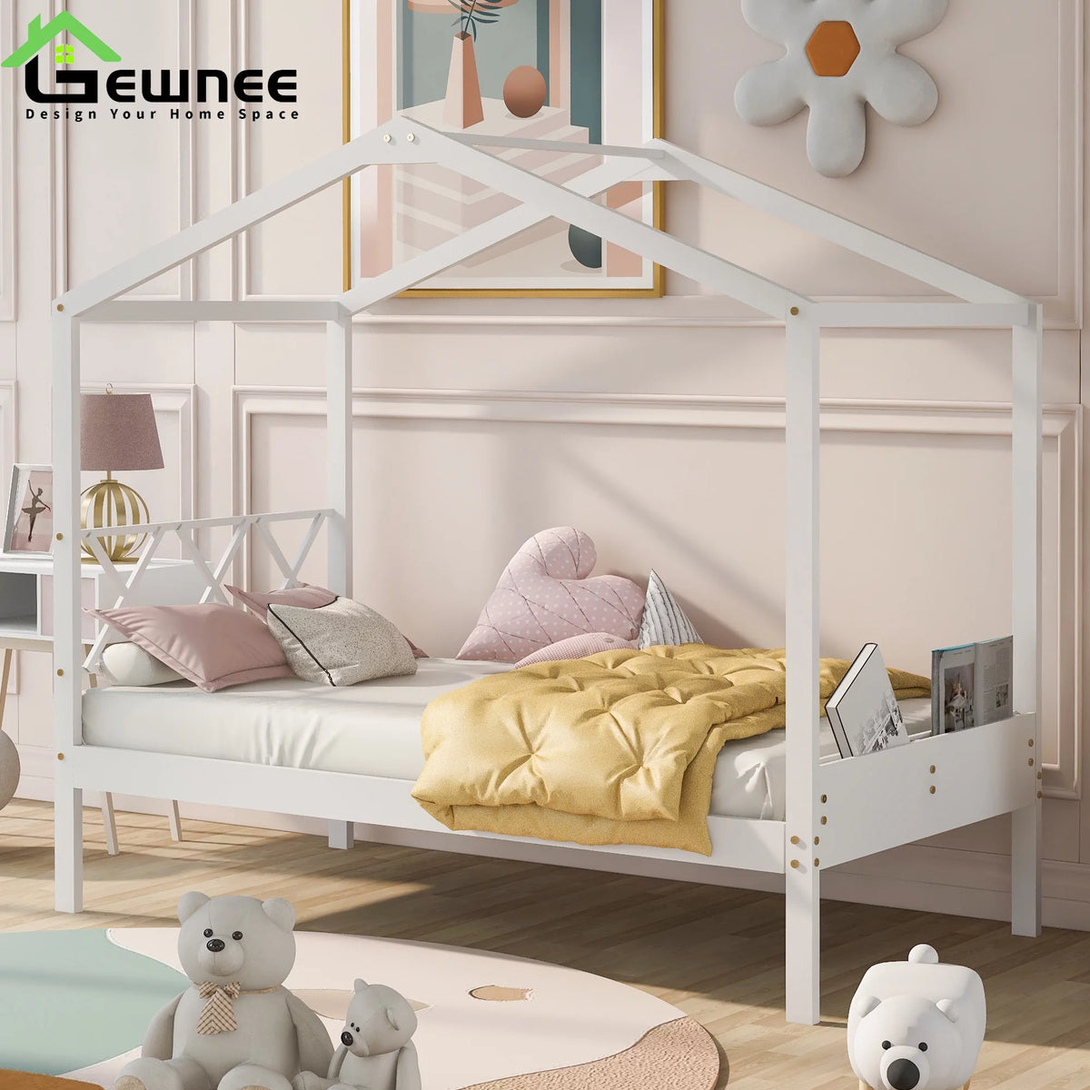 Twin Size White Wood House Bed with Storage Y18369
