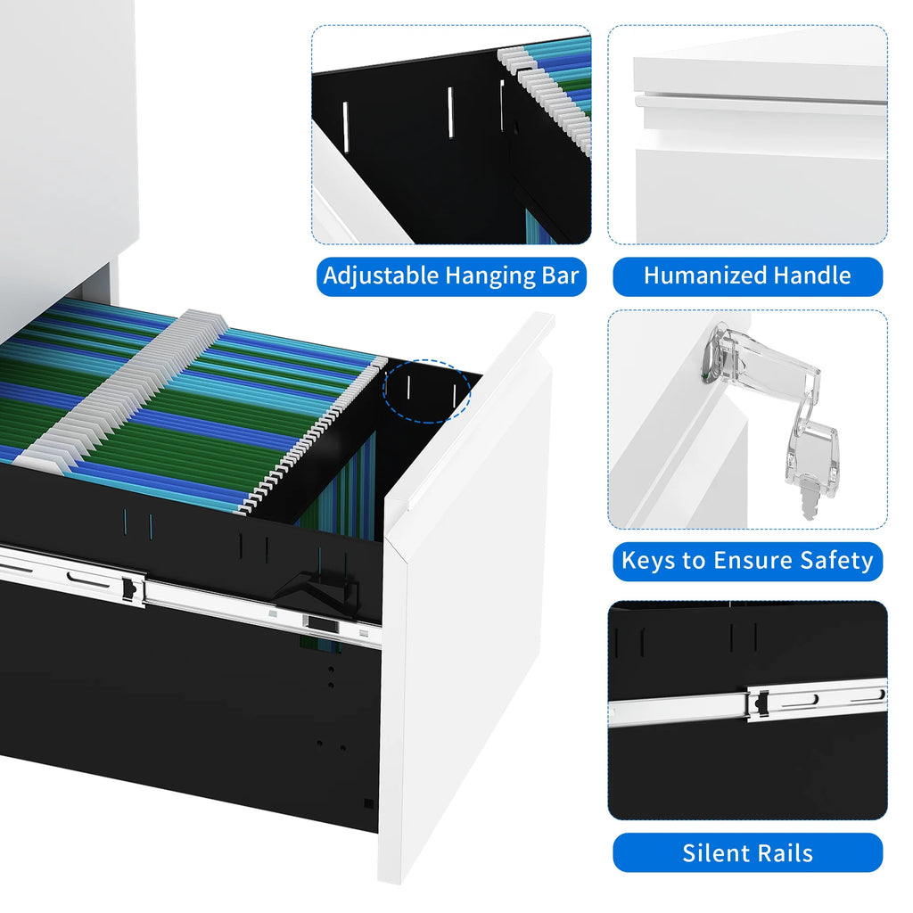 White 2-Drawer Mobile Metal File Cabinet with Lock O1373