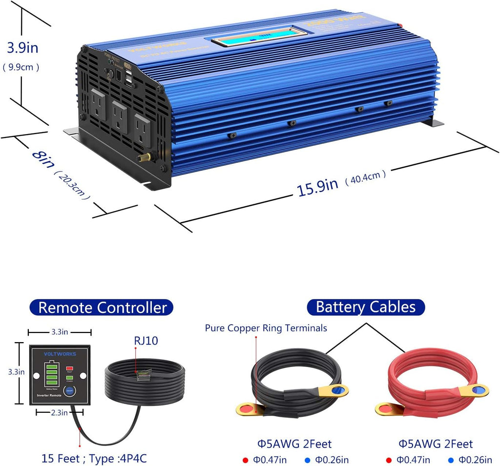 2000W DC 12V to AC 120V Modified Sine Wave Inverter with LCD Display Remote Control 3 AC Outlets Dual 2.4A USB Ports K5252