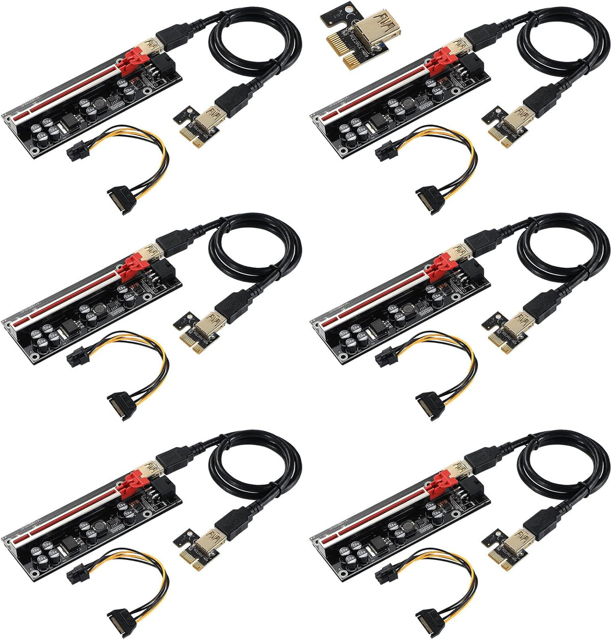 Black PCI-E 1X to 16X Riser Card with 24in USB 3.0 Extension Cable & 6PIN SATA Power Cable (6 Pieces) V753377