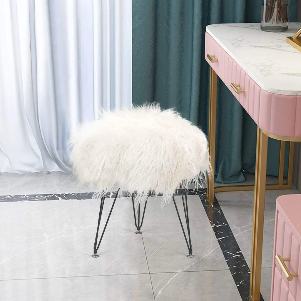 Faux Fur Ottoman Footrest with Metal Legs White G364