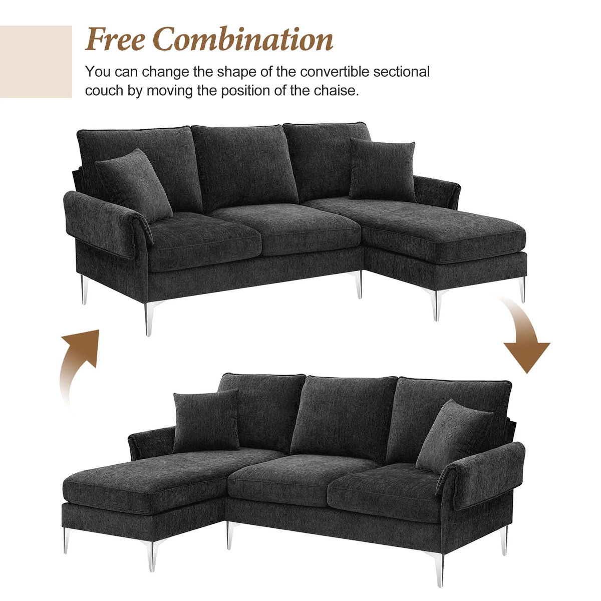 84" Black Chenille Convertible Sectional Sofa Z935