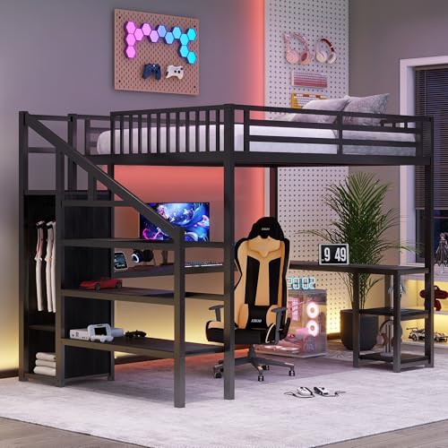 Queen Size Black Metal Loft Bed with Desk and Wardrobe O7948