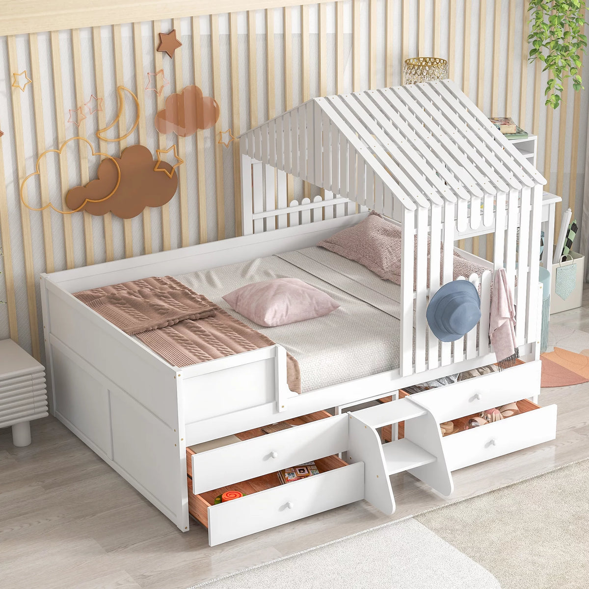 Full Size Low Loft Bed with Four Drawers White W359