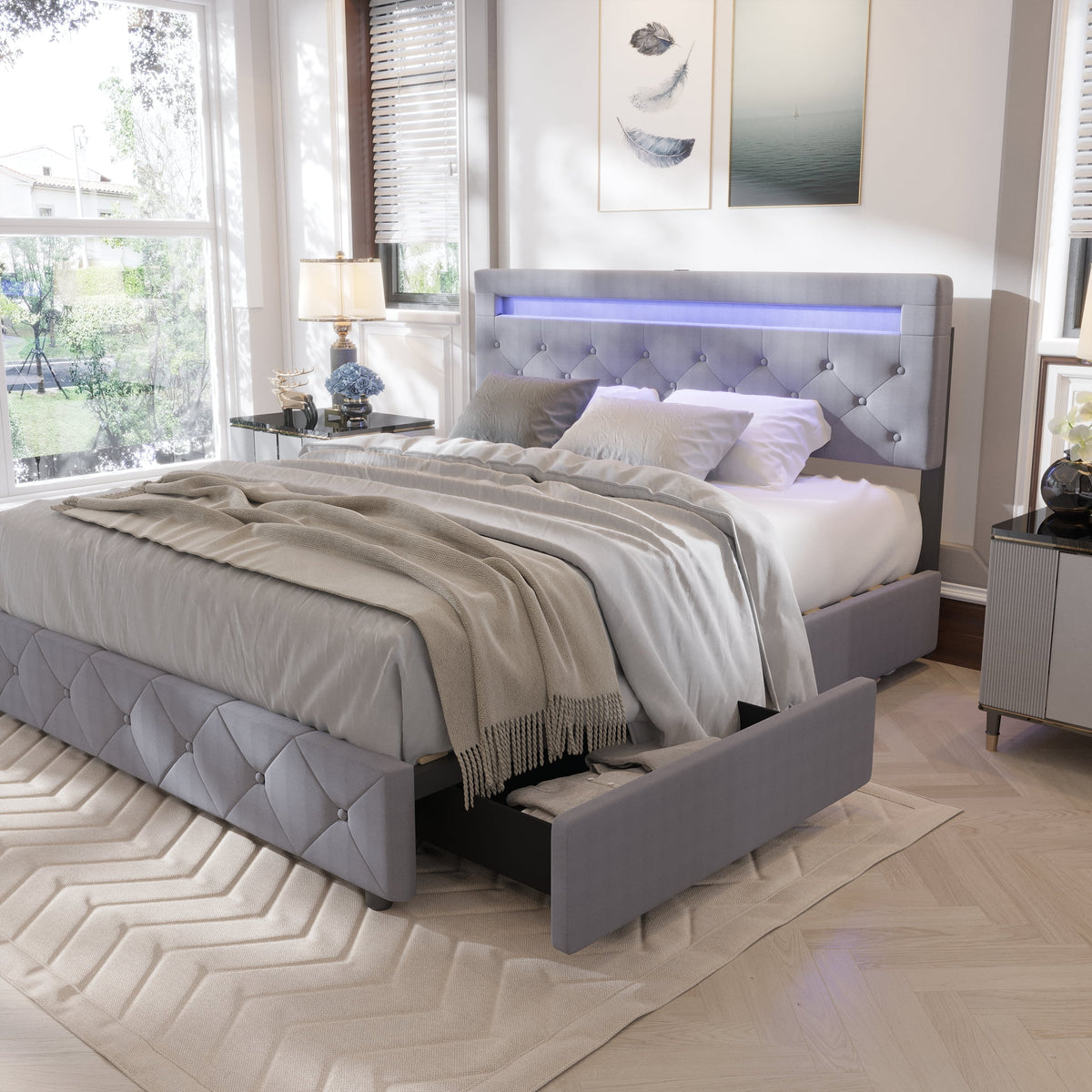 Full Size Upholstered Platform Bed Frame with LED Light Headboard N672