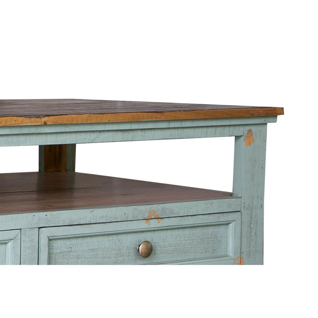 50 Inch 4 Drawers Teal Blue Pine Wood Coffee Table L56615