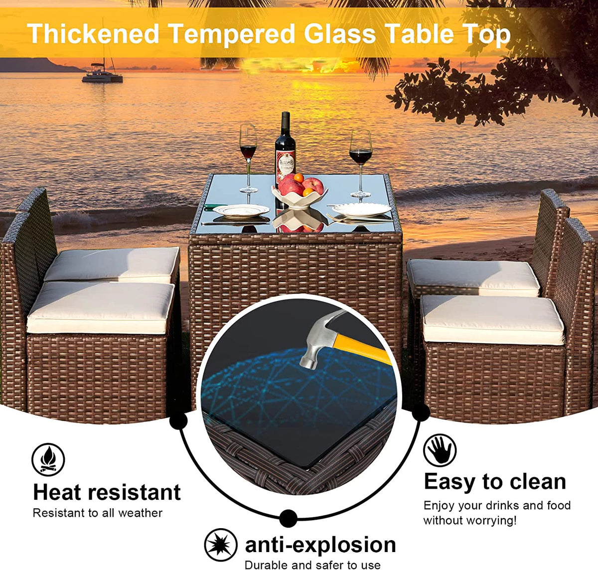 5 Pieces Patio Dining Set Rattan Chairs Glass Table B972