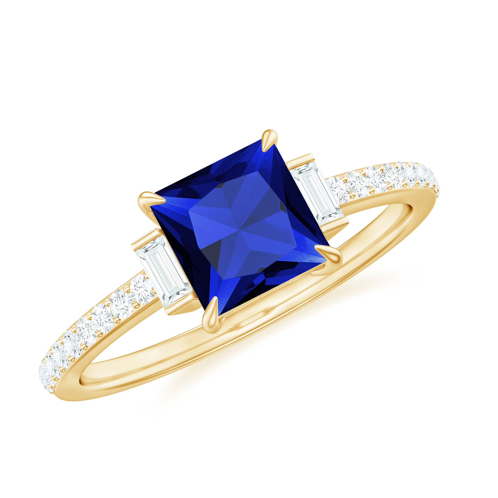 14K Yellow Gold Princess Cut Blue Sapphire Ring with Diamond Side Stones T999