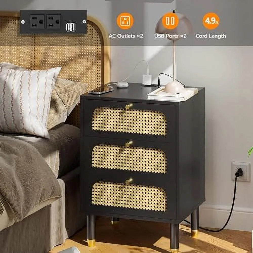 Black Rattan Nightstand Set of 2 with Charging Station 3 Drawers P385
