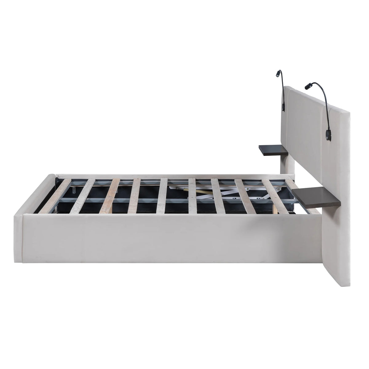 White Upholstered Platform Bed with Lift up Storage and LED Headboard N472174