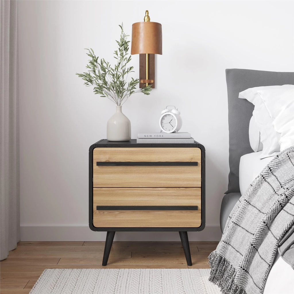 Black and Oak 2 Drawer Nightstand X4993